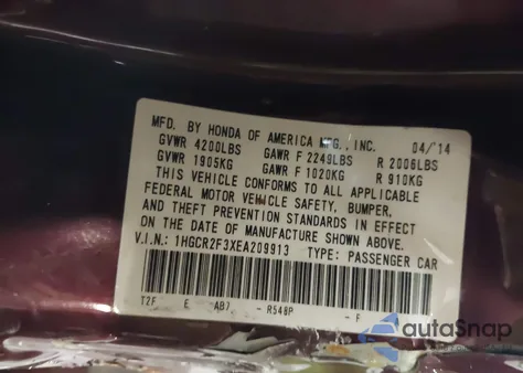 2014 Honda Accord Lx z USA, uszkodzony, nr VIN 1HGCR2F3XEA209913